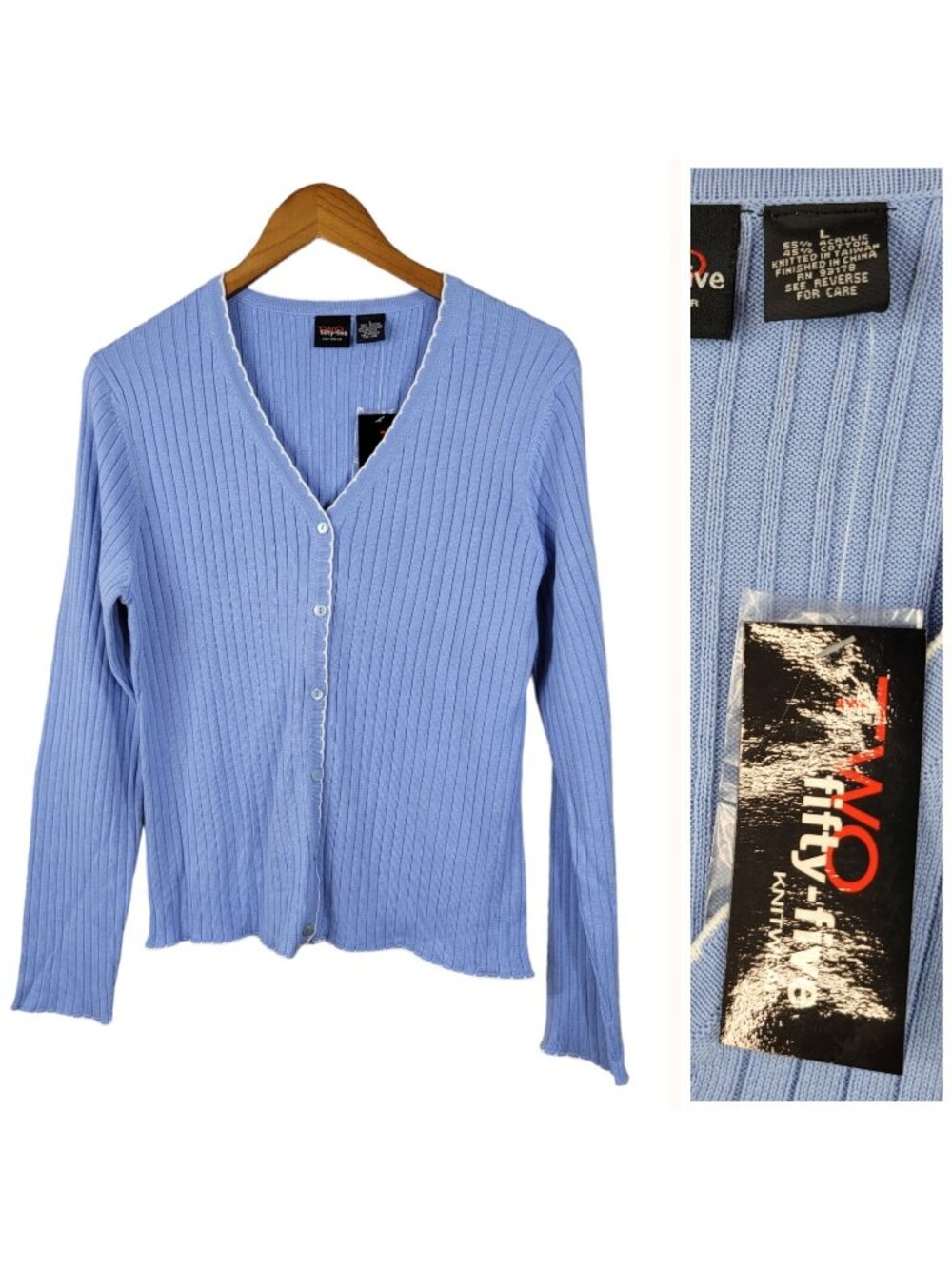 New Y2K Cardigan Sweater size Large Blue White Scalloped Edge Clueless Rib Knit